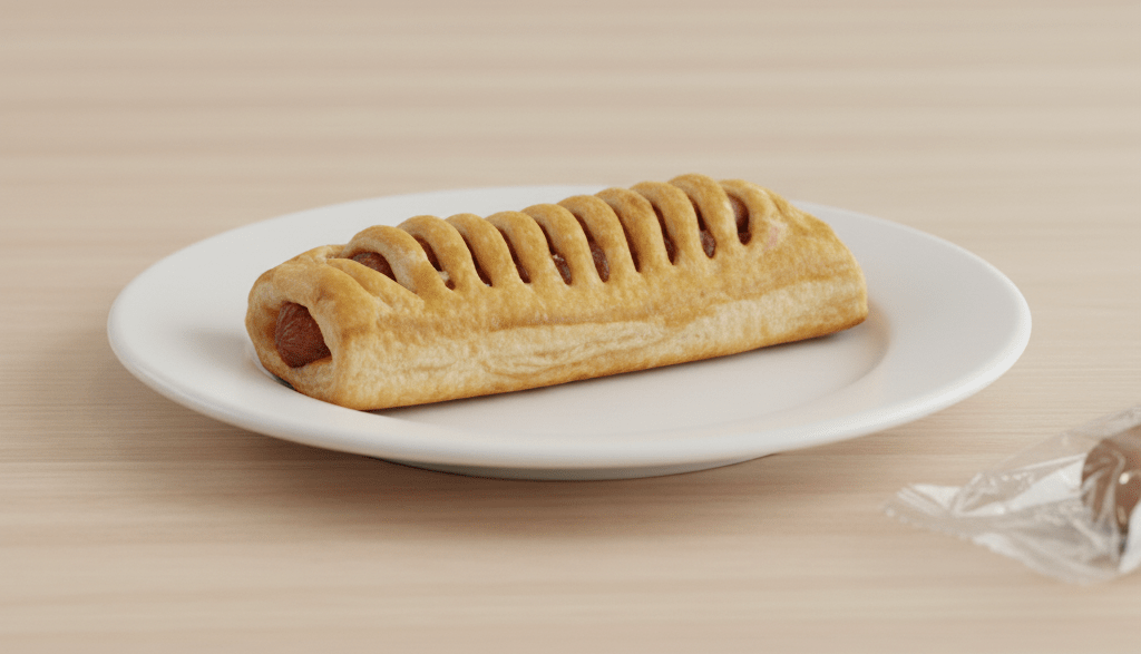 Frikandelbroodje uit supermarkt op bord