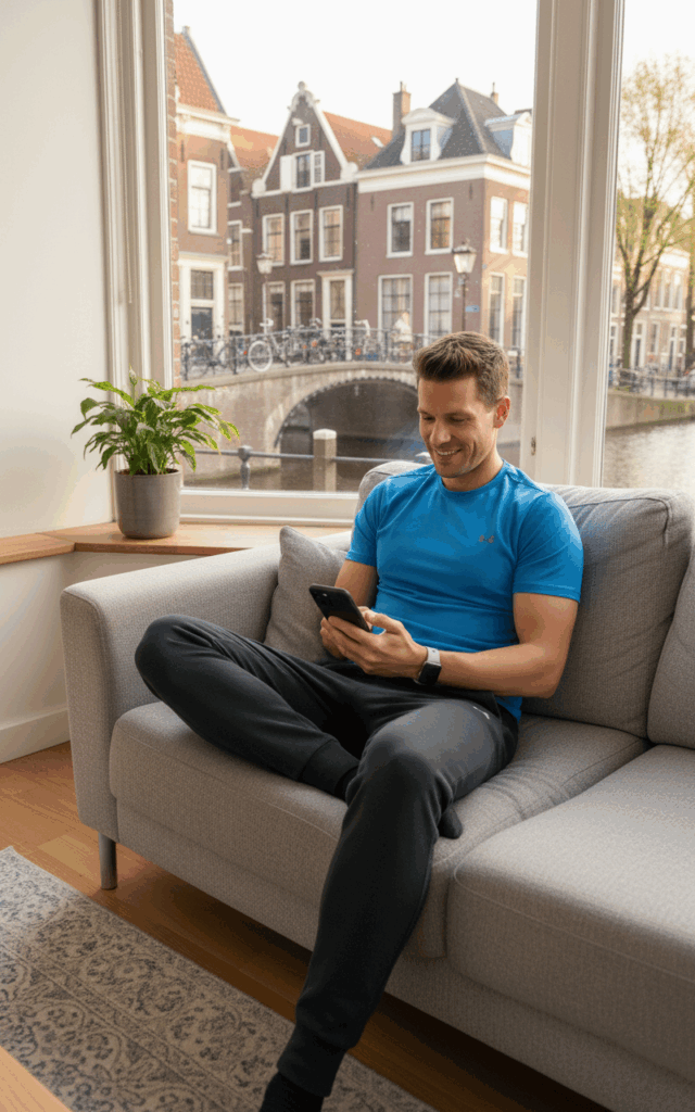 Man leest ebook via telefoon op grijze bank