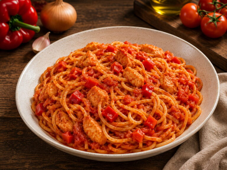 Pasta arrabiata met kip en paprika