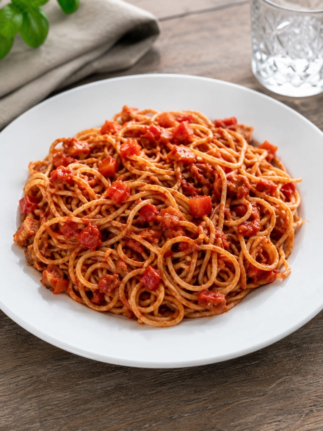 vers geserveerde pasta arrabiata met kip
