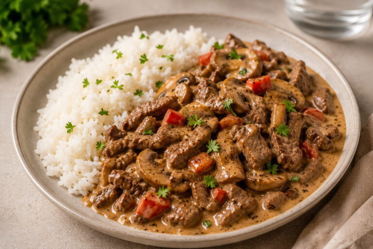 Boeuf stroganoff met rijst