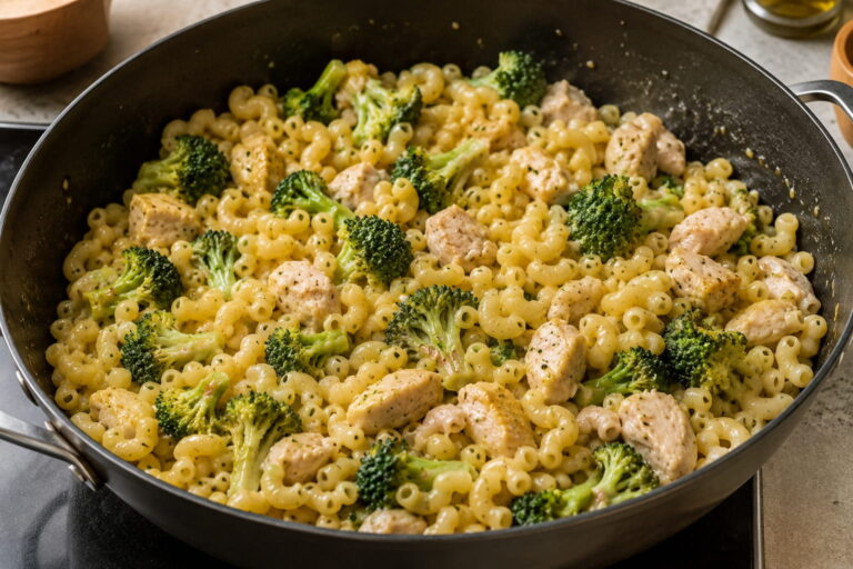 Eenpans macaroni met kip en broccoli