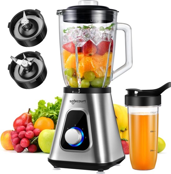 Safecourt Kitchen Blender - 1,5L Glas & 600ml To-Go beker - 1300W Smoothie maker - Krachtig, stil en eenvoudige reiniging - RVS