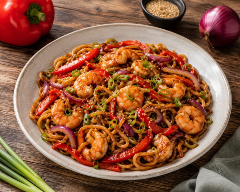 Teriyaki noedels met garnalen en rode paprika