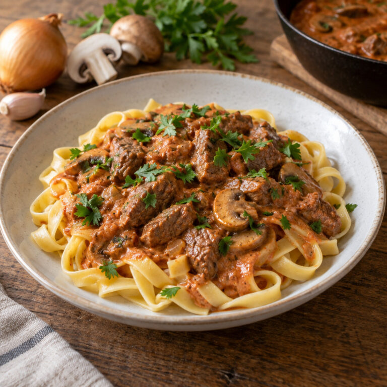 Tagliatelle met biefstuk in stroganoffsaus