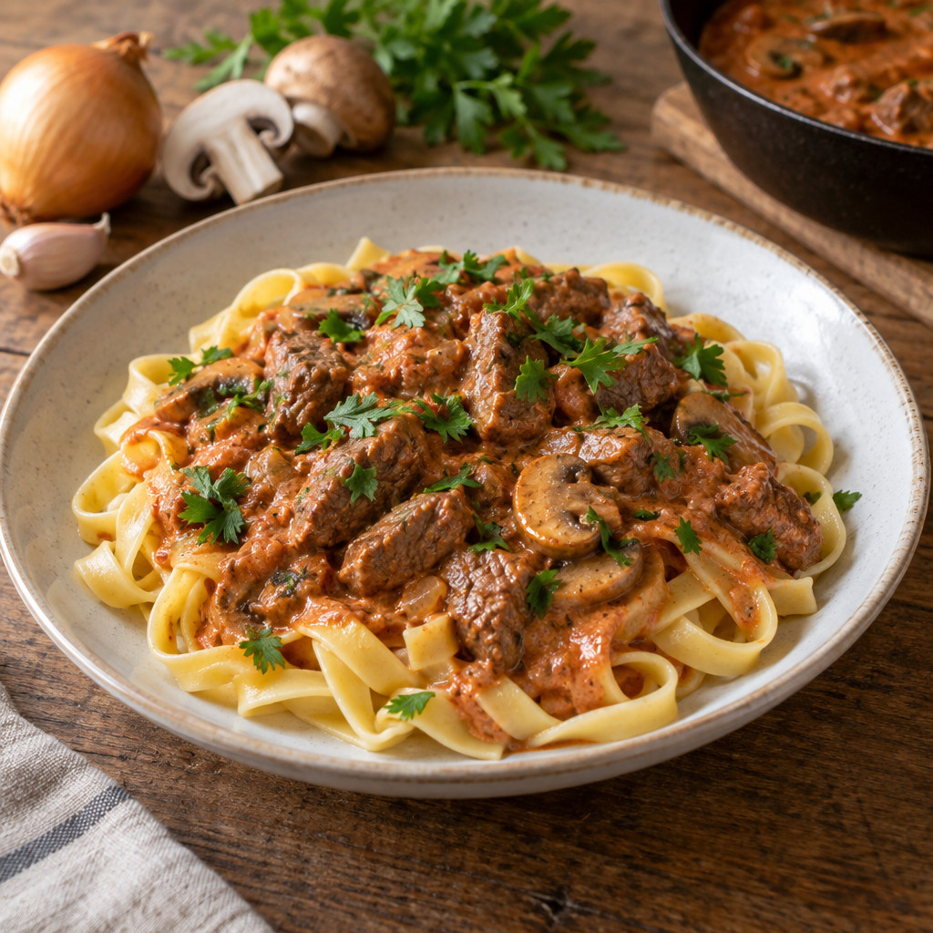 Tagliatelle met biefstuk in stroganoffsaus