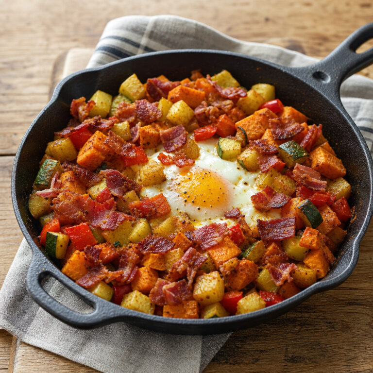 Zoete aardappel hash met ei, courgette, paprika en bacon