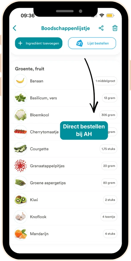 Automatische boodschappenlijst in de Online Fitbuddy app