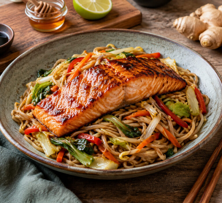 Noedels met zalm in chili marinade