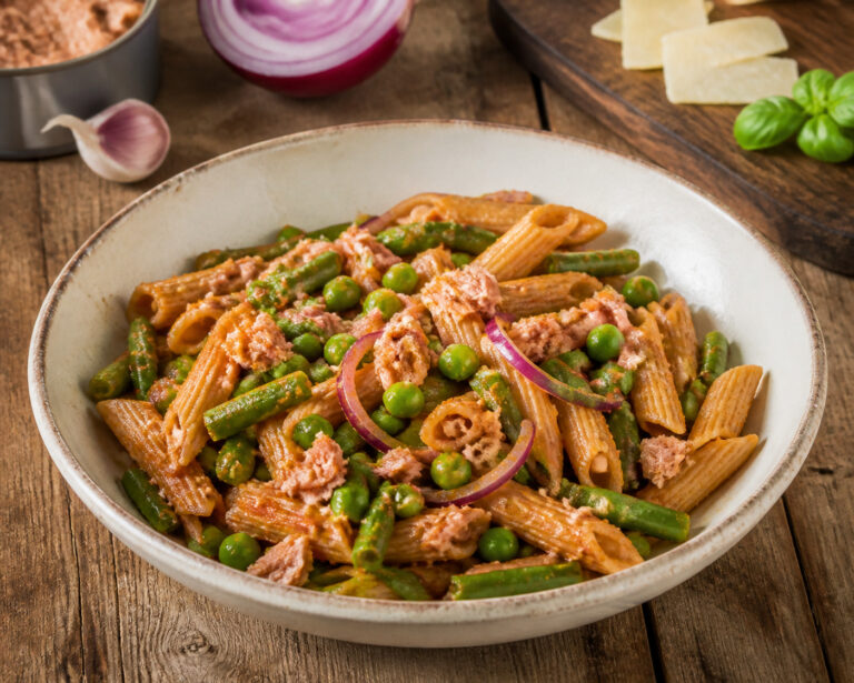 Penne met tonijn, sperziebonen, doperwten en pesto