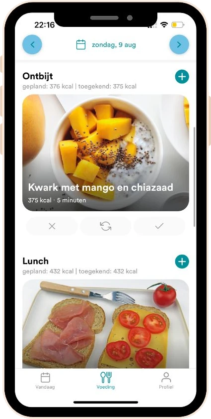 Dagoverzicht met maaltijden in de Online Fitbuddy app