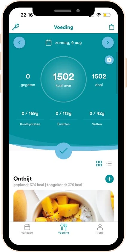 Voedingsschema met calorieën en macro's in de Vytal app