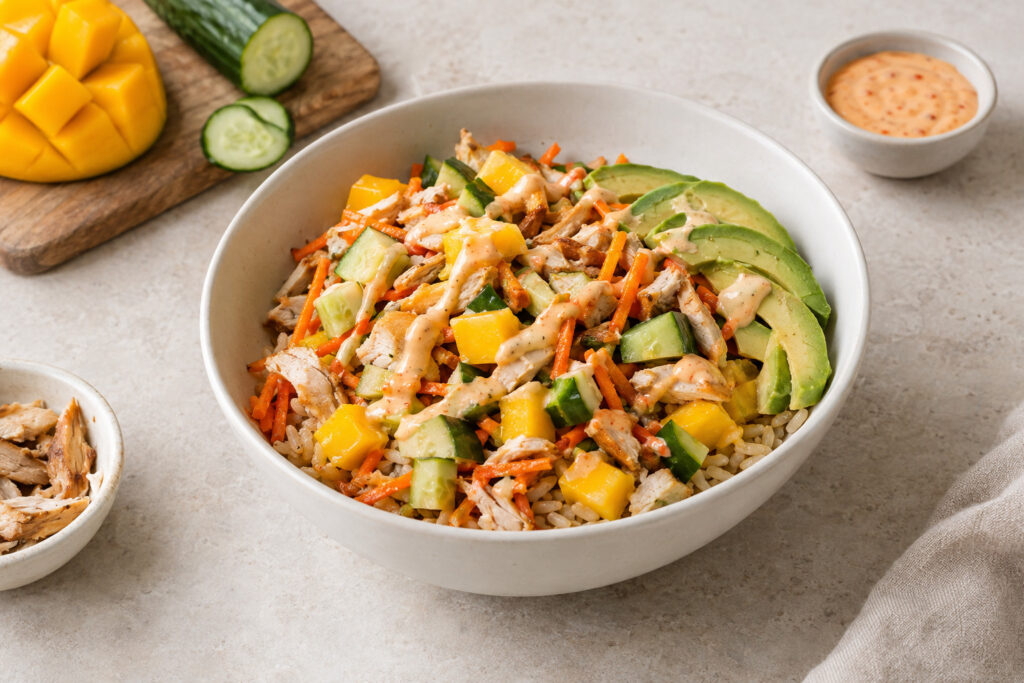 Rijstsalade met kip en mango met avocado, komkommer en sambalsaus