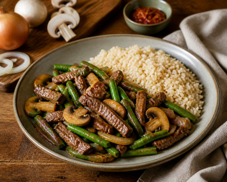 Roerbak van runderreepjes, sperziebonen en champignons