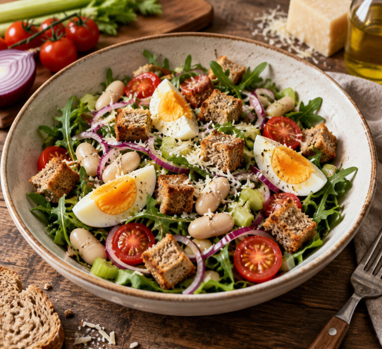 Salade met Cannellini bonen, ei en croutons