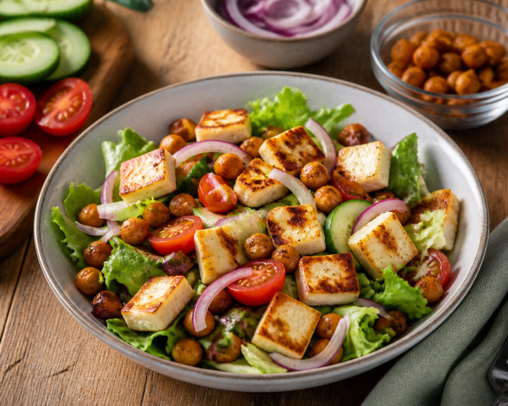 Salade met halloumi en kikkererwten met gebakken halloumi, sla, komkommer en cherrytomaatjes