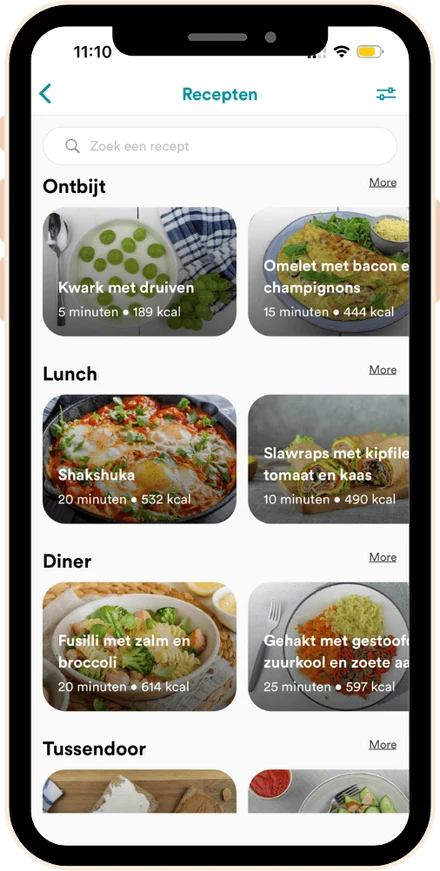 Receptenoverzicht per maaltijd in de app