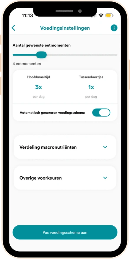 Voedingsinstellingen met eetmomenten en voorkeuren